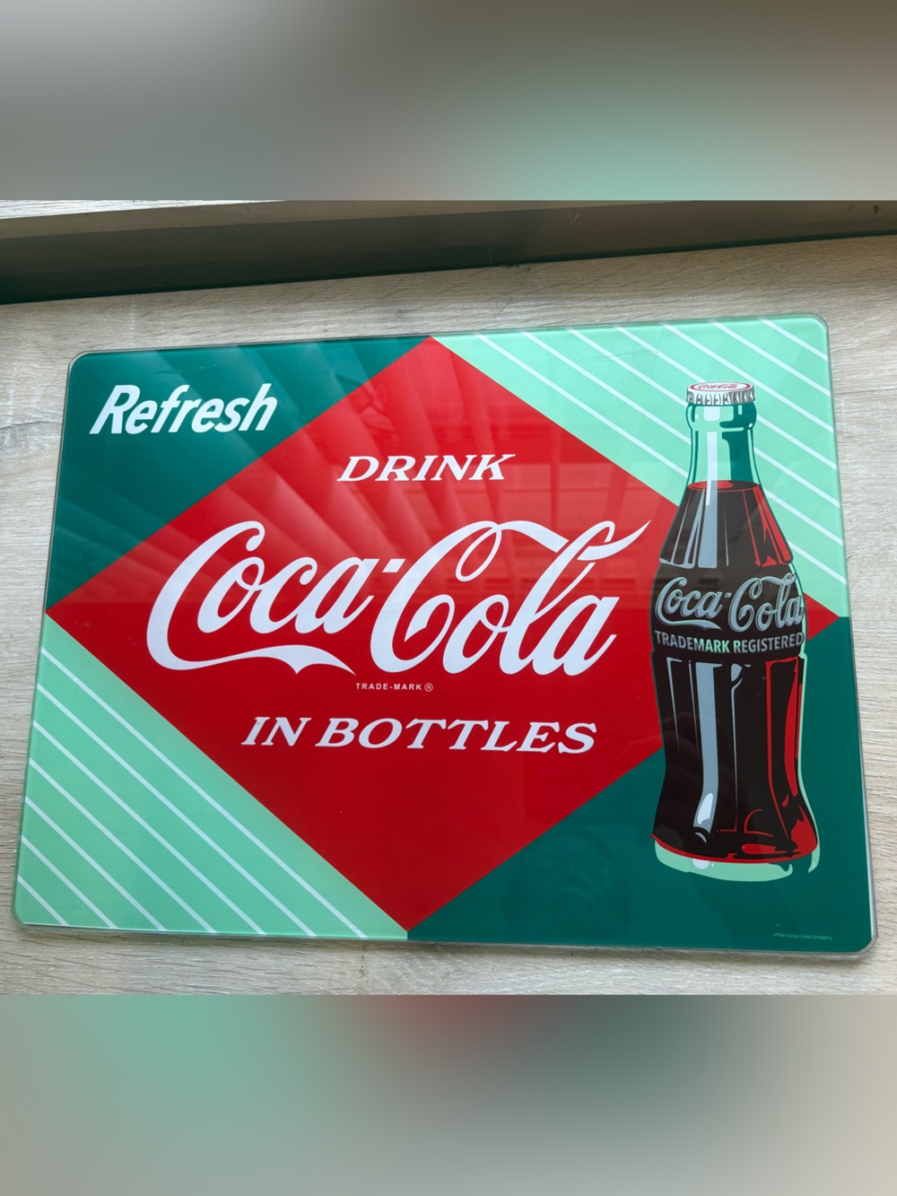 Coca-Cola Tempered Glass Cutting Board 12”x16”. Seaside Scene. Coke Bottle.